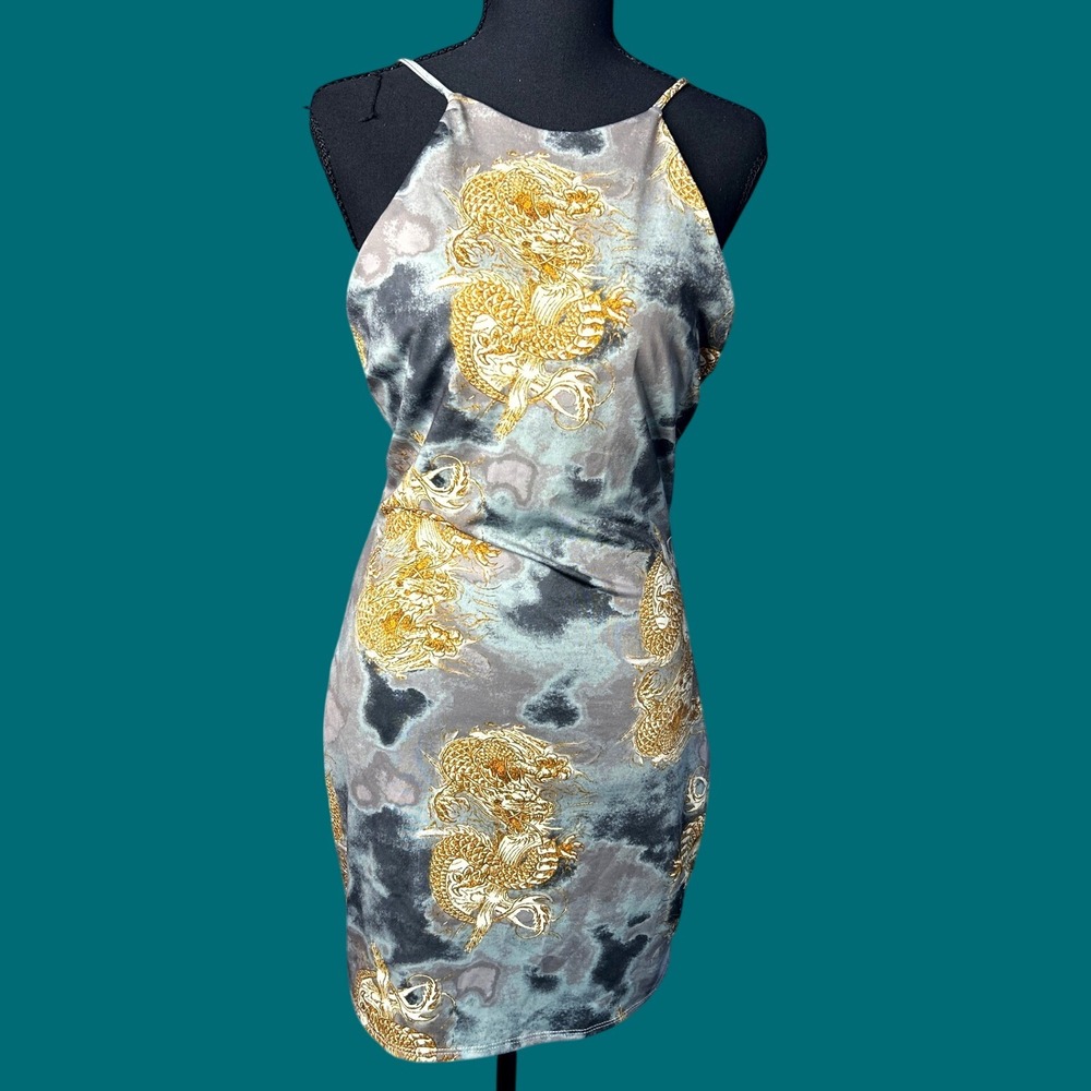 Womens Y2K Chinese Dragon Halter Mini Dress Sz S Indie Grunge Bodycon Open Back